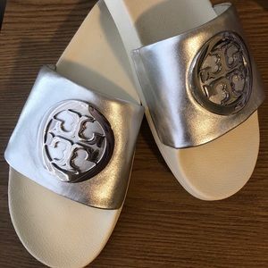 Tory Burch white and silver slides